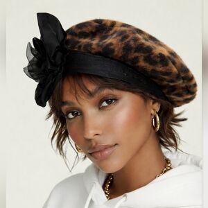 Maggie Mae Adjustable Elegant Tan Brown Black Leopard Fleece Floral Beret Hat